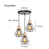 Suspension 3 lampes industrielle cage en bois et métal pour salle à manger