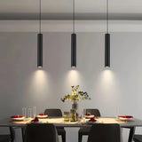 Suspension cylindre noir minimaliste LED en métal à hauteur réglable pour salle à manger