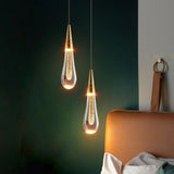 Suspension goutte d’eau en cristal doré LED moderne pour chevet