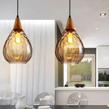 Suspension goutte d'eau en verre et bois vintage hauteur réglable salle à manger