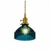Suspension vintage en verre bleu et laiton pour salle à manger