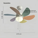 Ventilateur de plafond enfant coloré avec lumière LED silencieux moteur DC 3 vitesses mode été hiver télécommande minuterie