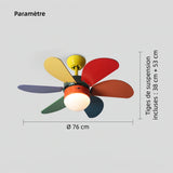 Ventilateur de plafond enfant coloré et moderne avec lumière LED moteur DC silencieux 6 vitesses fonction été hiver et télécommande Ø 76 cm