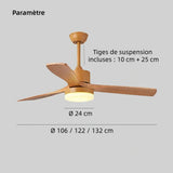 Ventilateur de plafond en bois scandinave avec lumière LED silencieux à 3 vitesses et télécommande pour salon