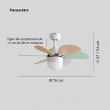 Ventilateur de plafond enfant avec lumière LED silencieux 3 vitesses coloris macaron