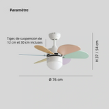 Ventilateur de plafond enfant avec lumière LED macaron silencieux moteur DC télécommande mode été hiver 3 vitesses