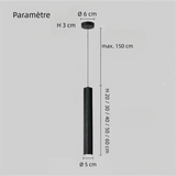Suspension cylindre noir minimaliste LED en métal à hauteur réglable pour salle à manger