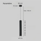 Suspension cylindre noir minimaliste LED en métal à hauteur réglable pour salle à manger