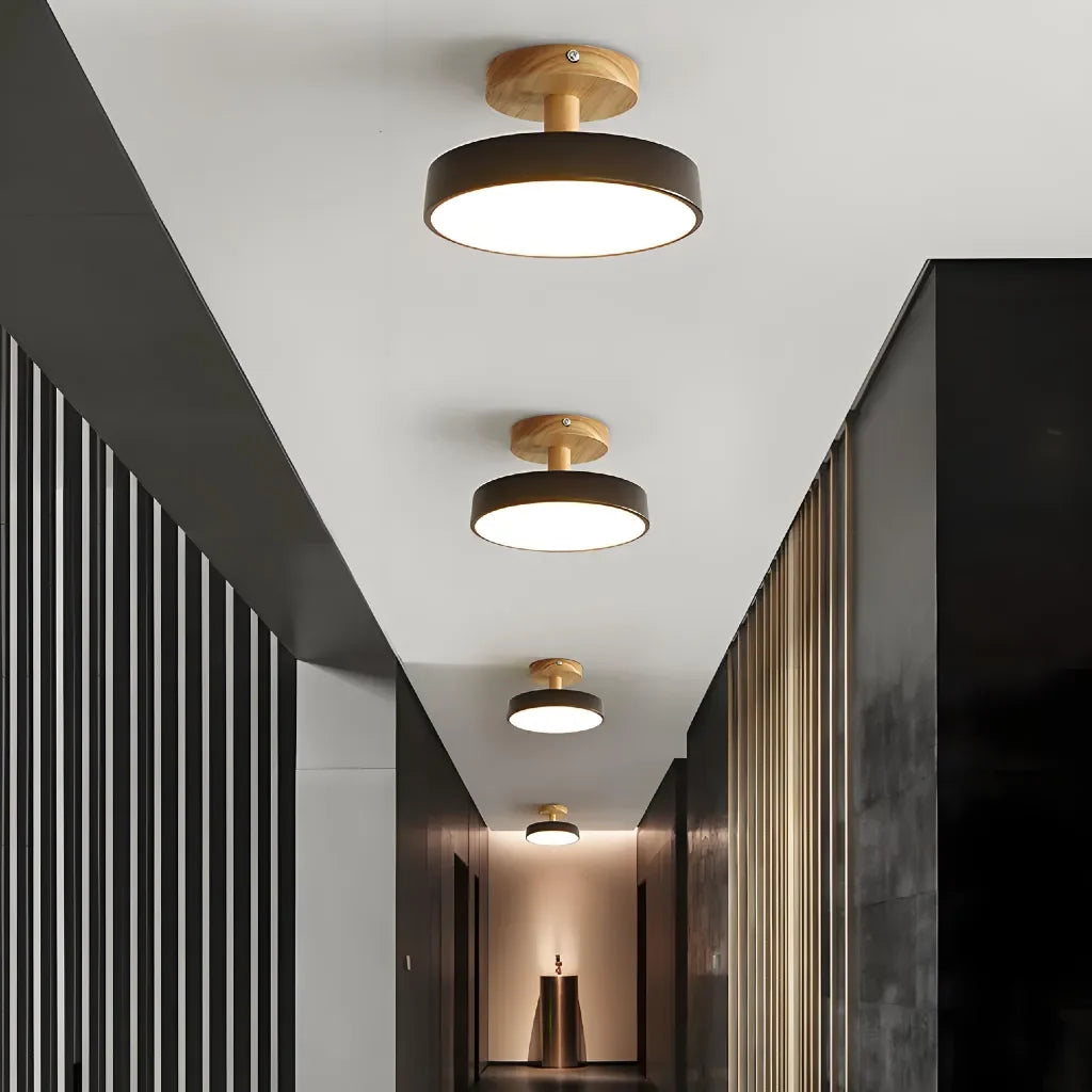 Plafonnier couloir rond en bois et métal scandinave macaron LED dimmable