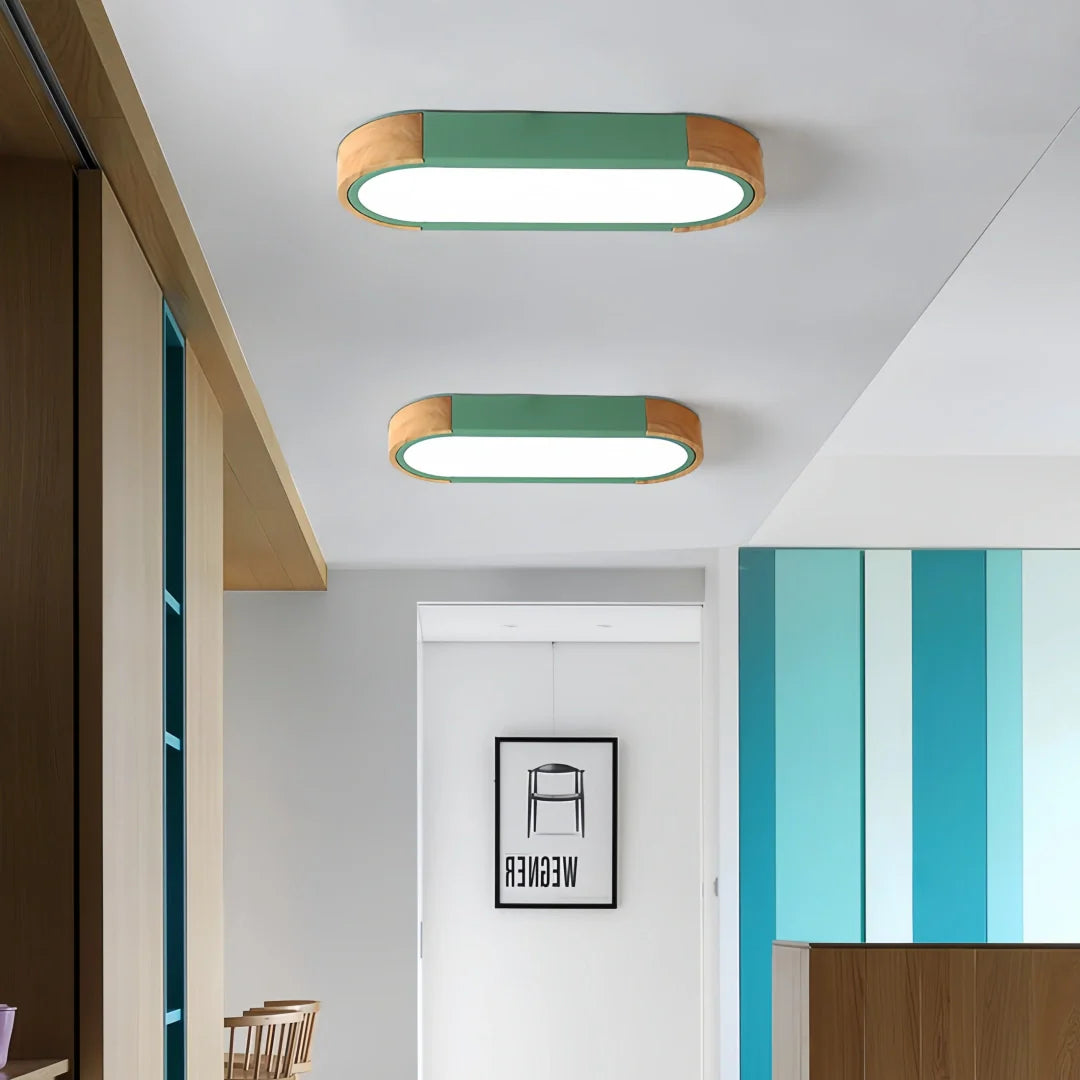Plafonnier couloir LED ovale scandinave en bois et métal dimmable