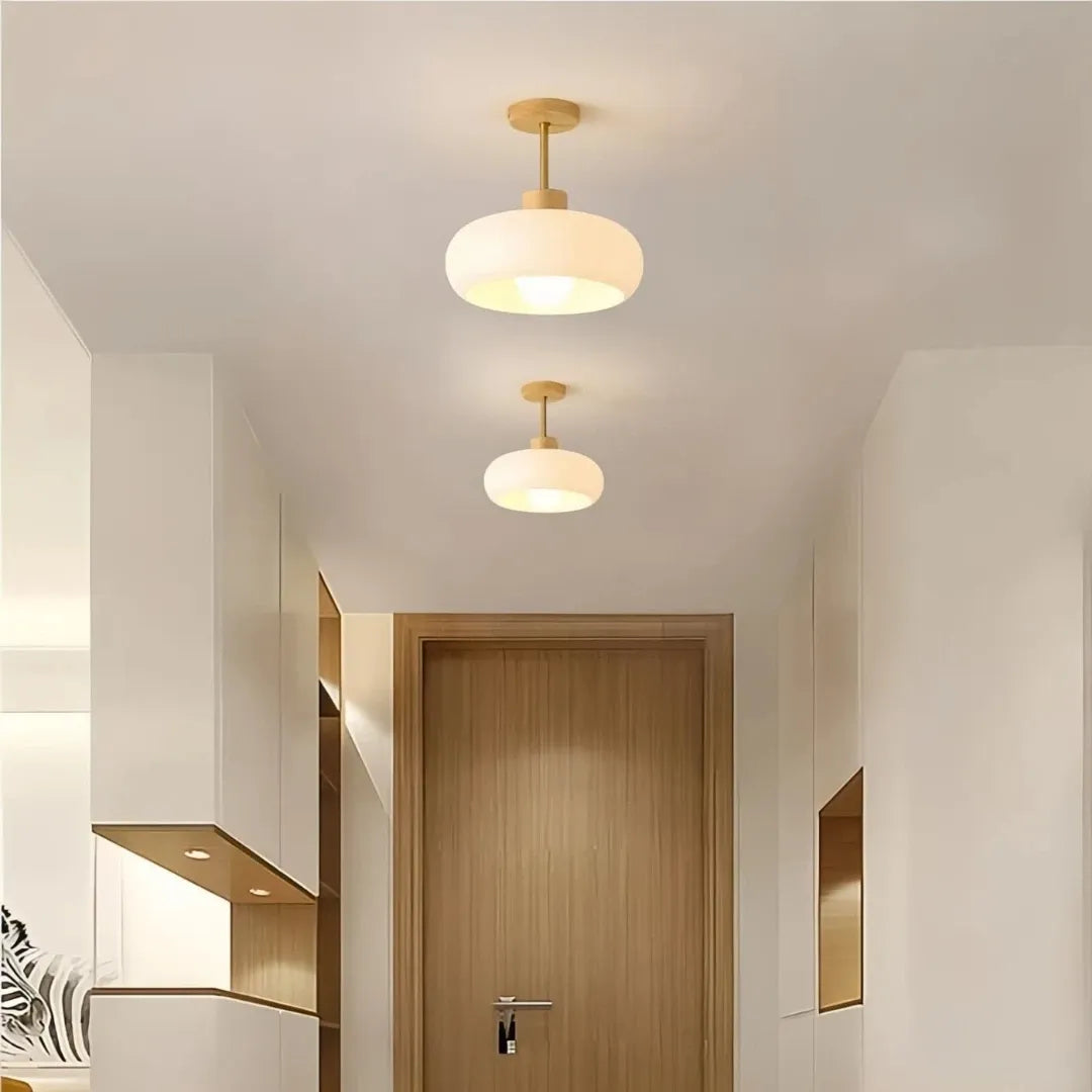 Plafonnier de couloir en verre et bois LED dimmable scandinave