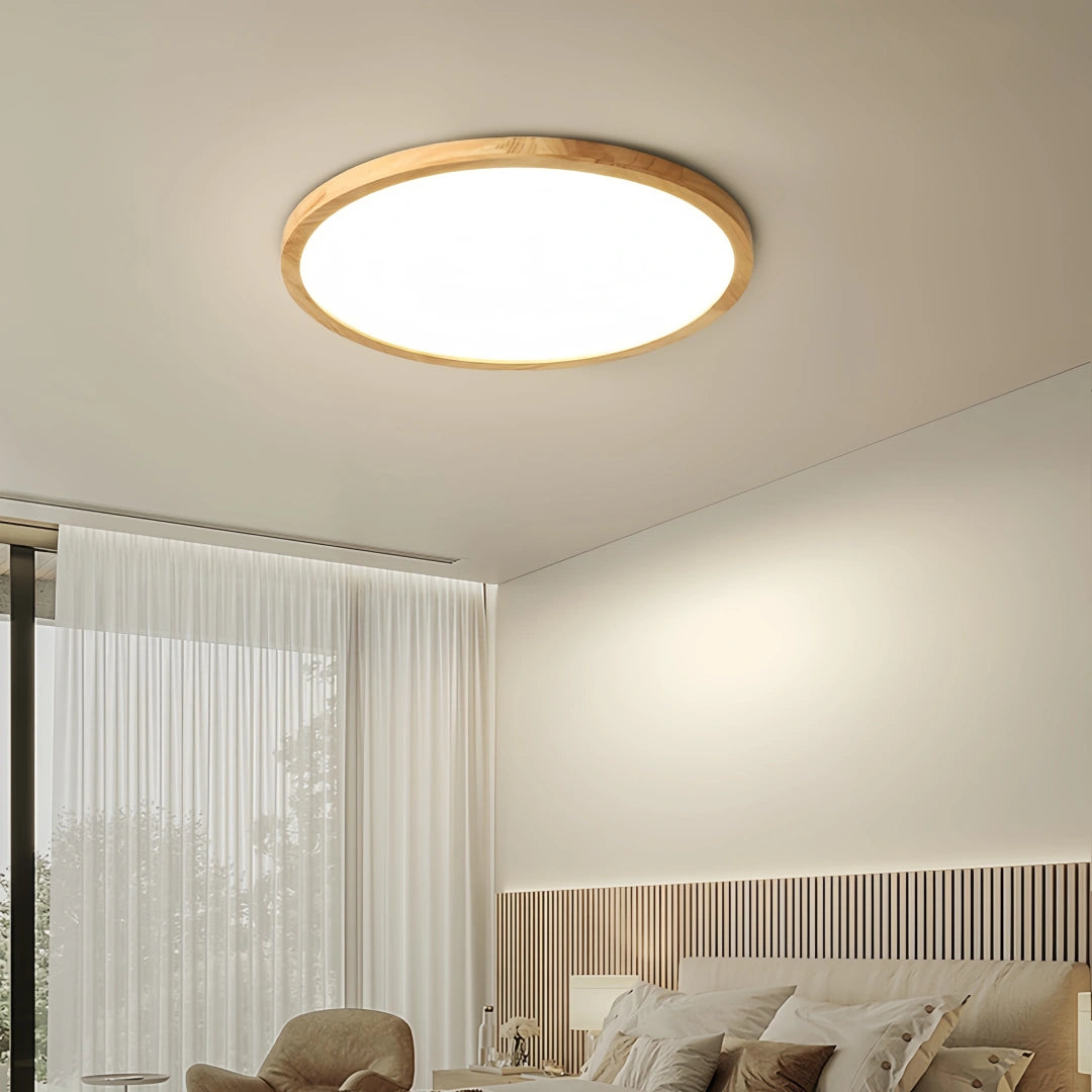 Plafonnier rond bois scandinave extra plat LED dimmable chambre
