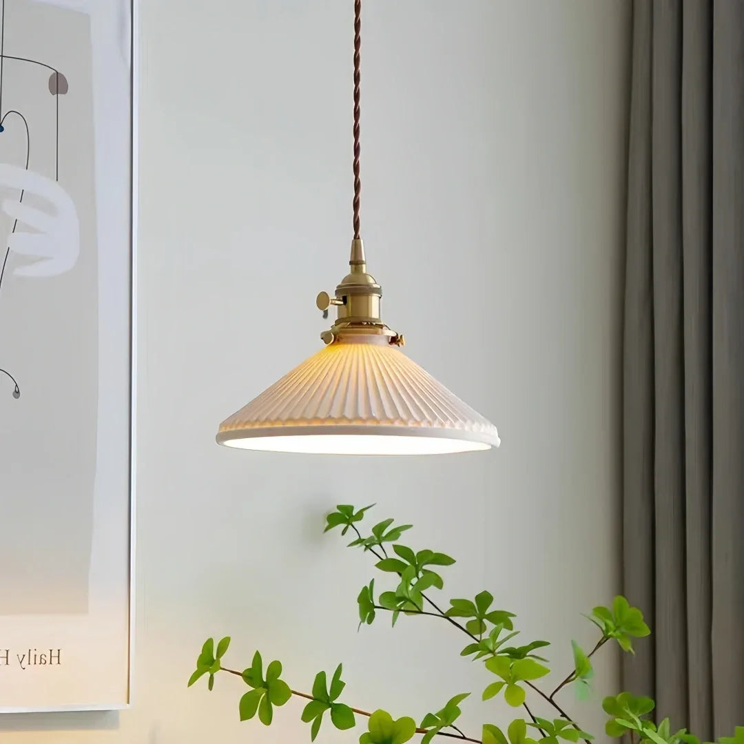 Suspension céramique blanc cannelé vintage réglable en hauteur pour salle à manger