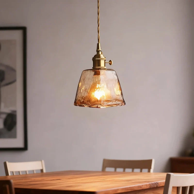 Suspension en verre ambre et laiton vintage hauteur réglable pour salle à manger