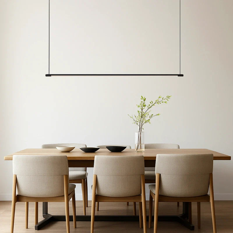 Suspension linéaire minimaliste LED dimmable en métal noir pour salle à manger