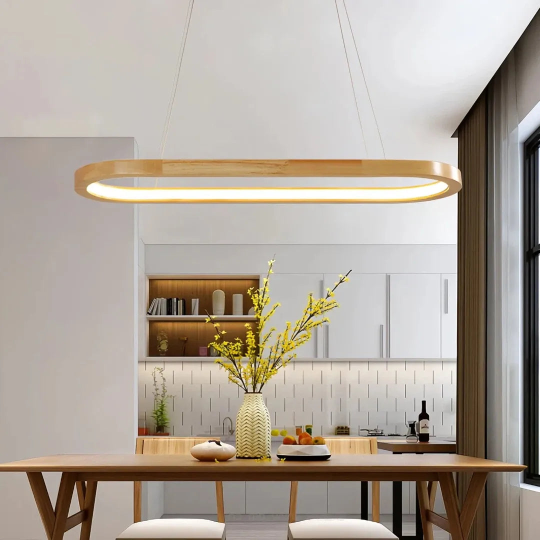 Suspension ovale scandinave en bois LED dimmable pour salle à manger