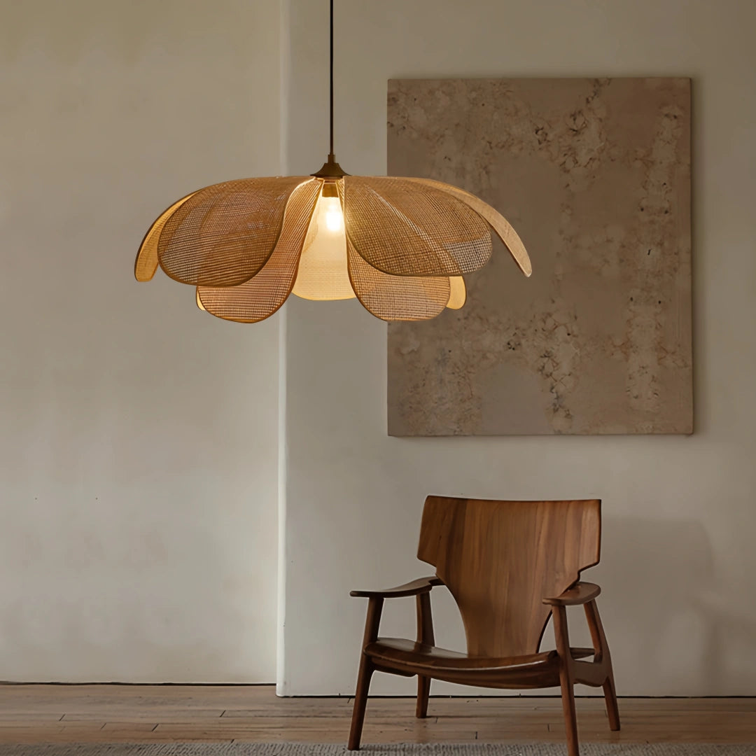 Suspension pétale en rotin artisanale japonaise dimmable pour salle à manger