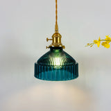 Suspension vintage en verre bleu et laiton pour salle à manger