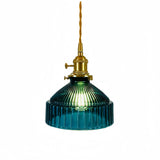 Suspension vintage en verre bleu et laiton pour salle à manger