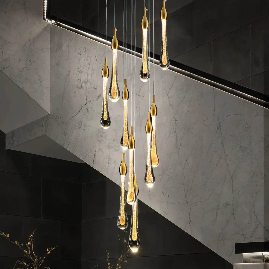 Suspension goutte d'eau en cristal doré moderne pour cage d'escalier