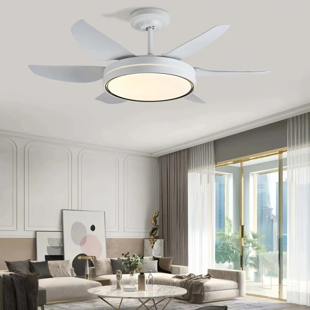 Ventilateur de plafond 6 pales avec lumière LED blanc moderne silencieux 6 vitesses mode été hiver pour salon