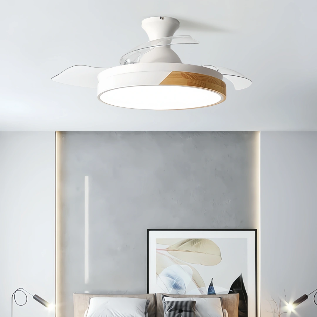 Ventilateur de plafond à pales rétractables silencieux LED dimmable mode été hiver pour chambre