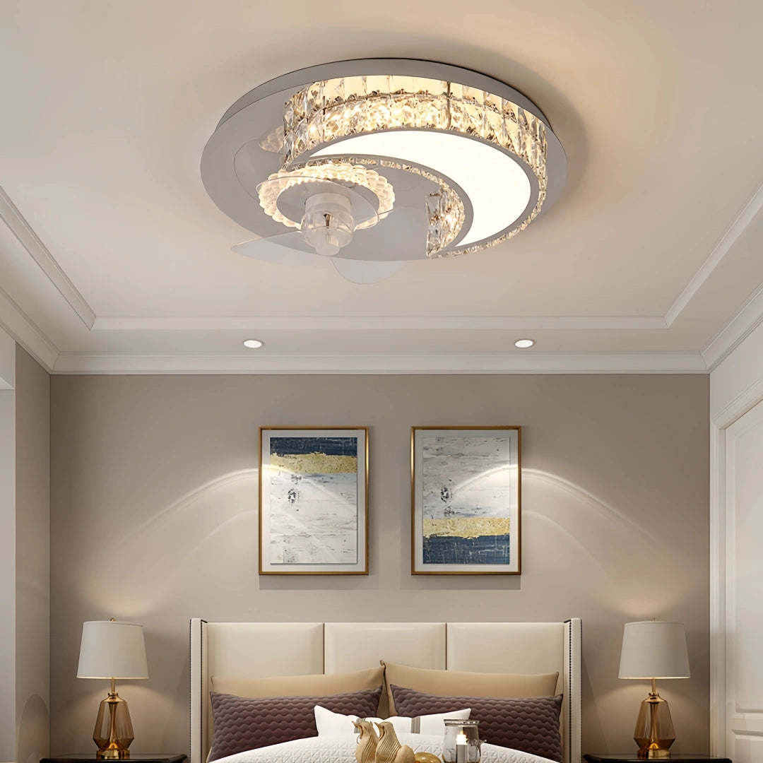 Ventilateur de plafond avec lumière LED en cristal moderne silencieux 3 vitesses mode Été Hiver Ø 50 cm pour chambre