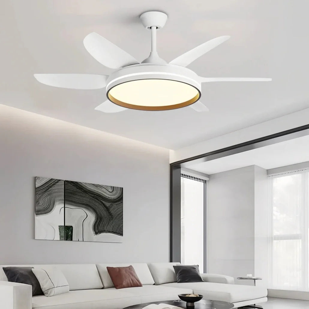Ventilateur de plafond blanc avec lumière LED 6 pales moderne silencieux moteur DC à 6 vitesses mode été hiver minuterie pour salon