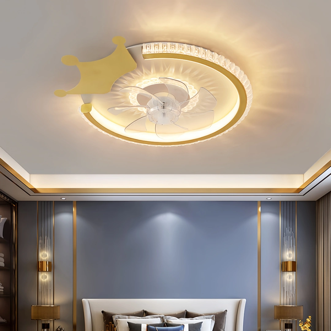 Ventilateur de plafond enfant moderne doré avec lumière LED dimmable moteur DC silencieux 3 vitesses mode été hiver