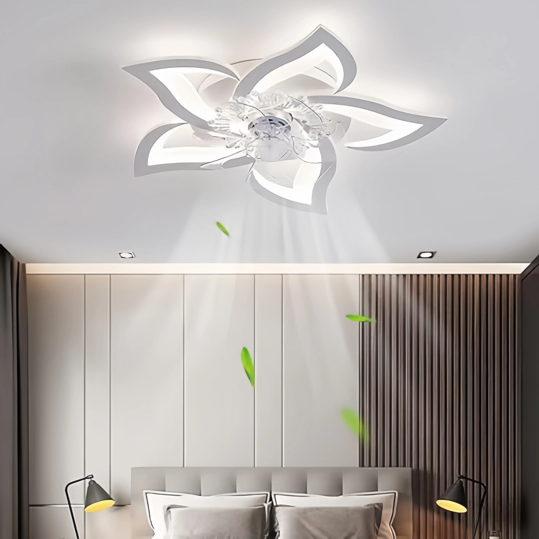 Ventilateur de plafond lumière fleur silencieux dimmable moteur DC avec télécommande mode été hiver Ø50 cm pour chambre