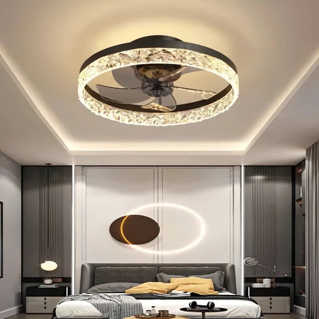 Ventilateur plafond silencieux lumière moderne moteur DC 6 vitesses LED dimmable Ø 50 cm pour chambre