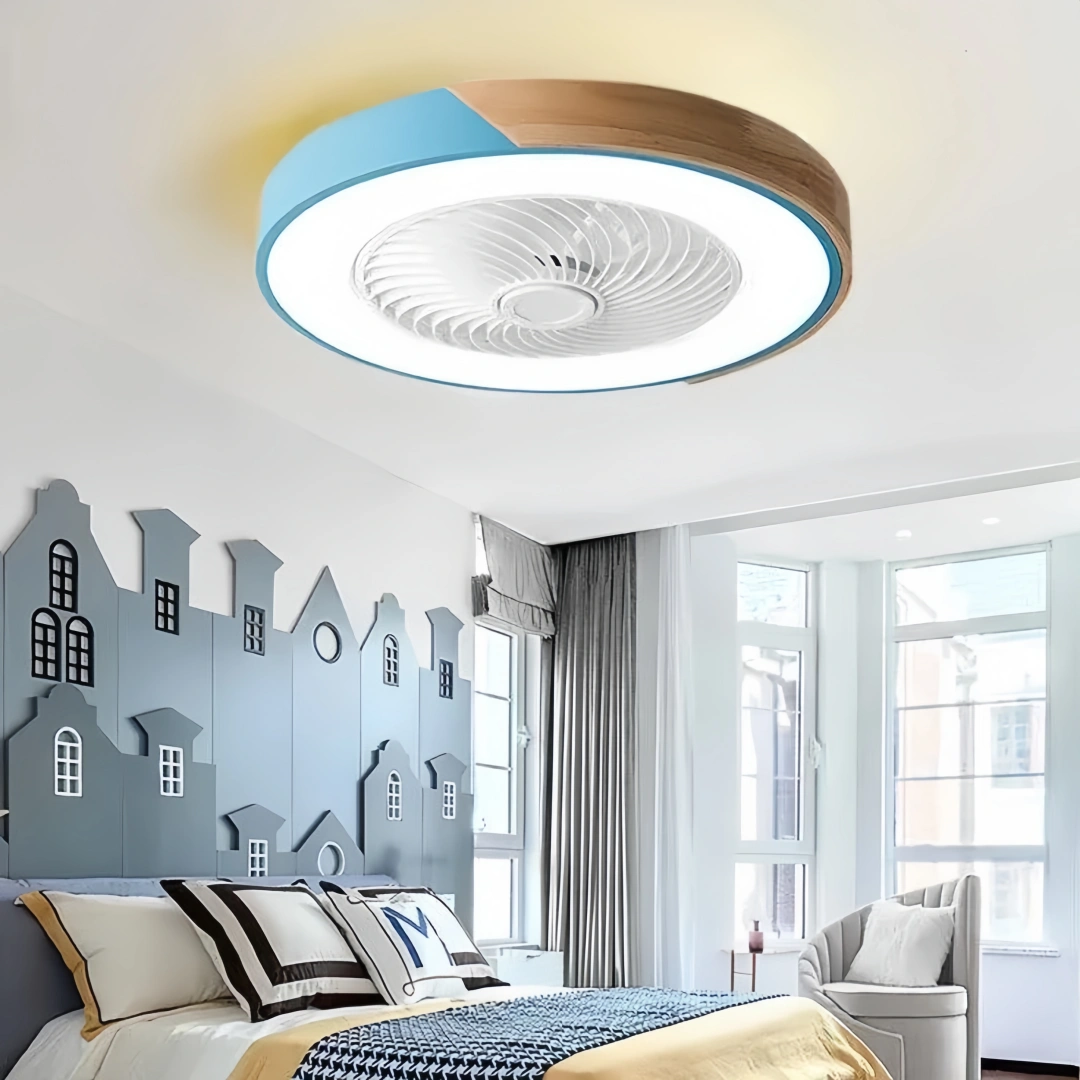 Ventilateur de plafond silencieux avec lumière LED dimmable rond scandinave couleur macaron moteur DC 6 vitesses mode été hiver pour chambre