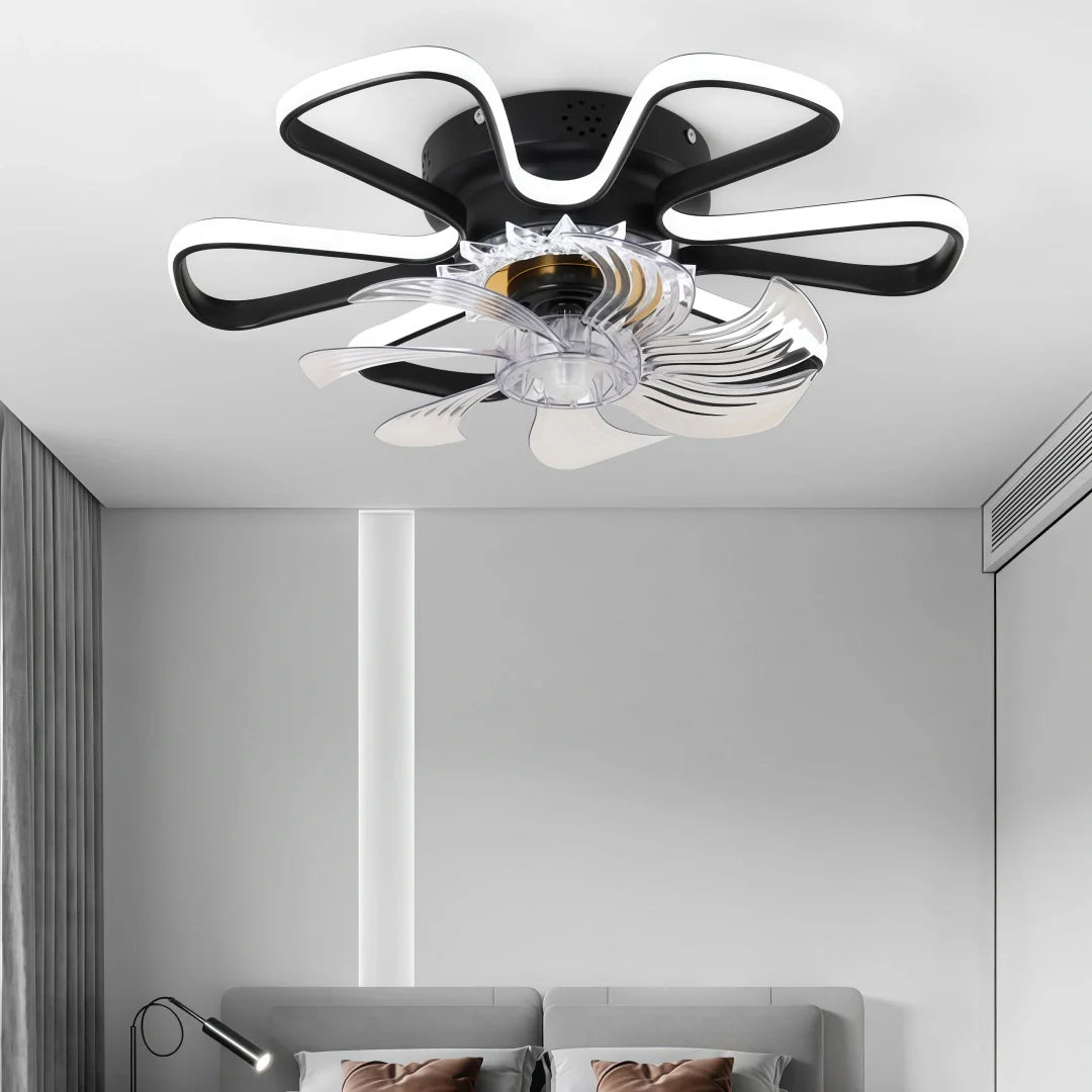 Ventilateur plafond fleur design moderne avec lumière LED dimmable moteur DC silencieux 3 vitesses minuterie pour chambre