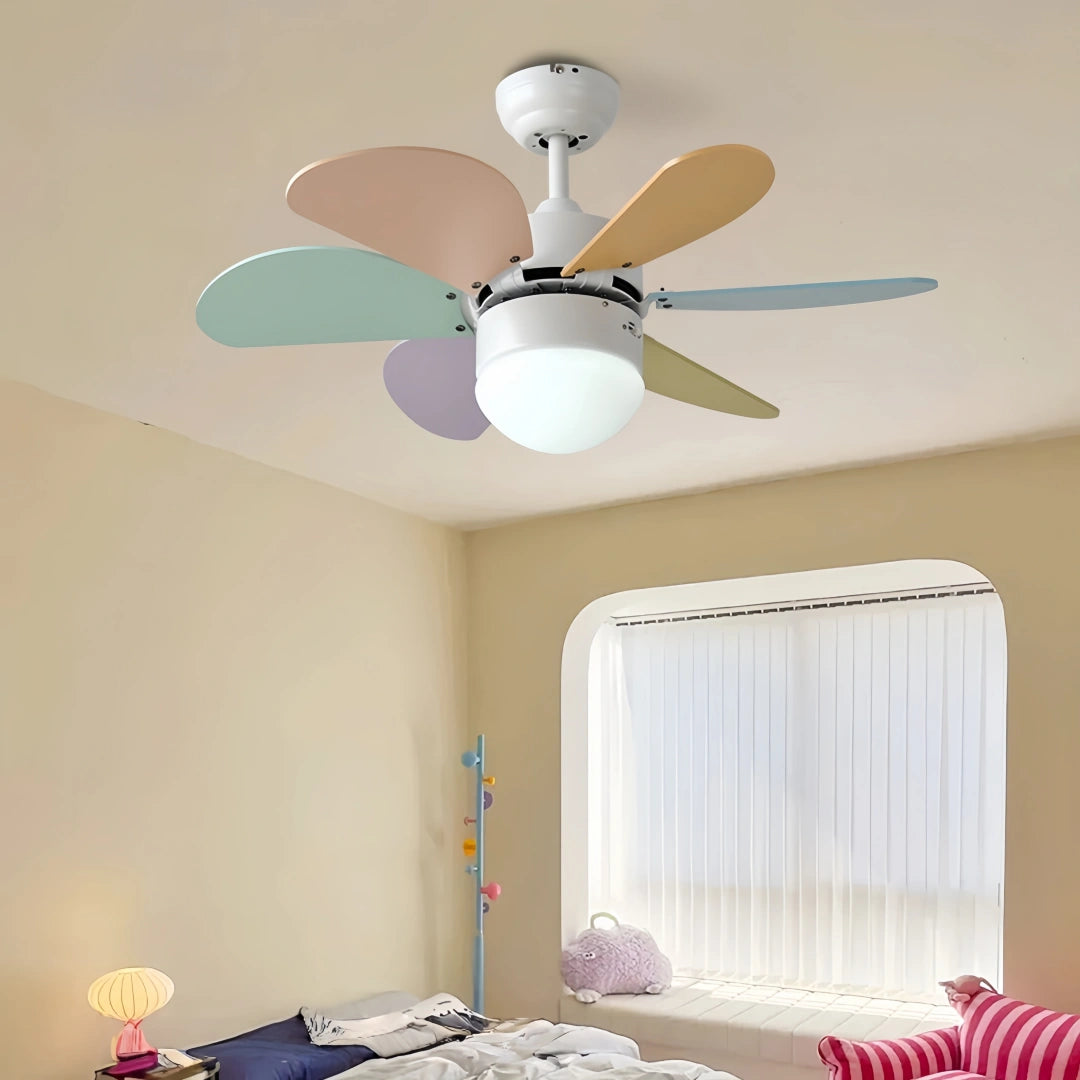 Ventilateur de plafond enfant avec lumière LED macaron silencieux moteur DC télécommande mode été hiver 3 vitesses