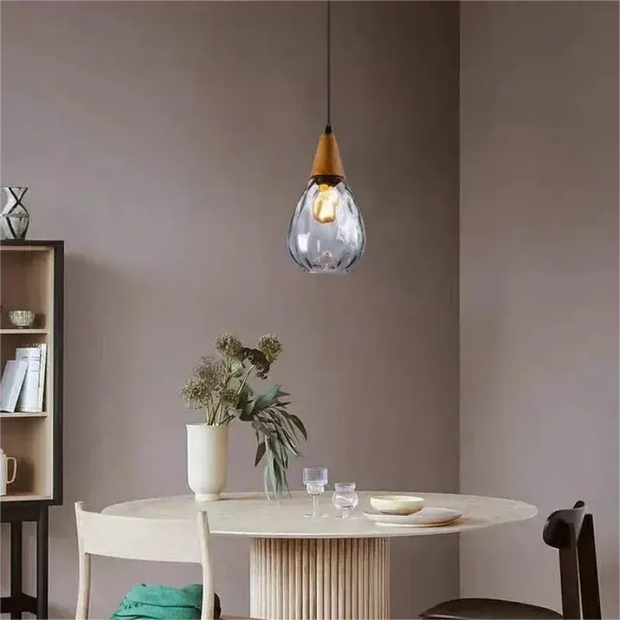 Suspension goutte d'eau en verre et bois vintage hauteur réglable salle à manger