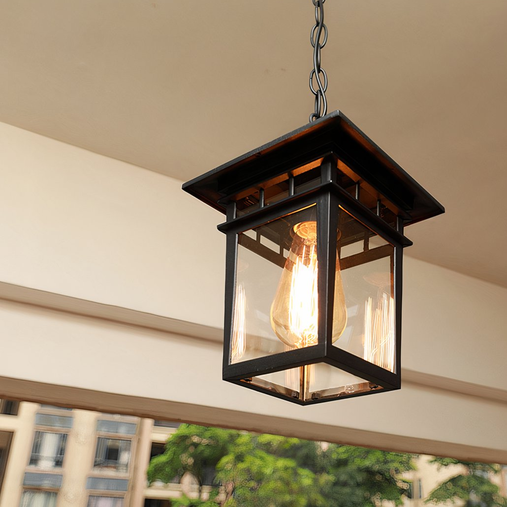 Suspension Extérieure Industrielle Lanterne Noir Led IP44 en Verre Pour Porche